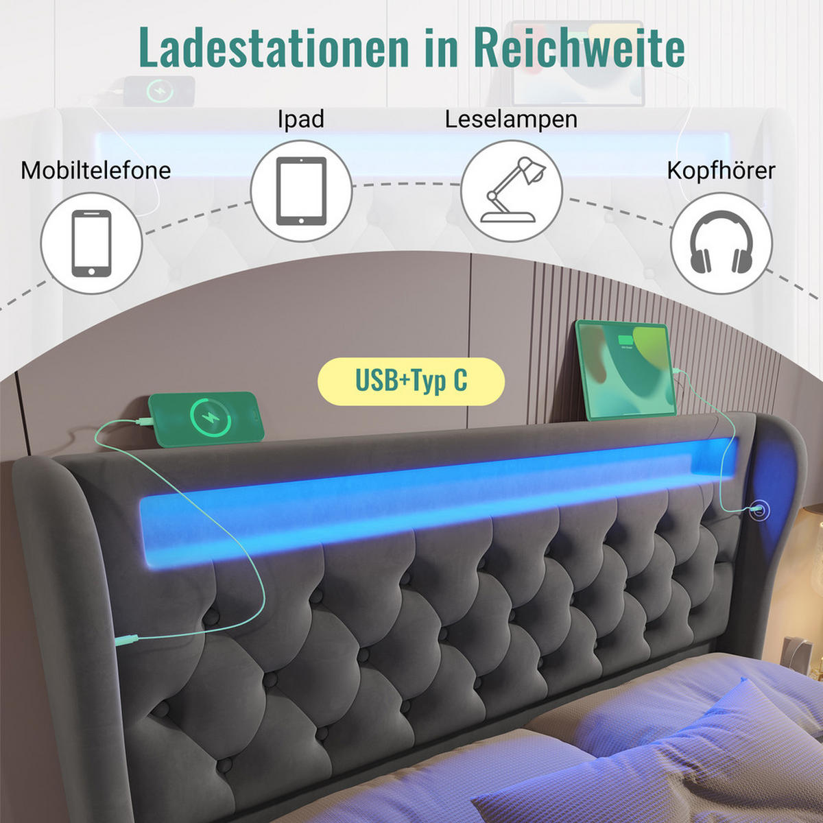 POLSTERBETT 140x200cm Doppelbett LED USB-C & Hydraulik Grau Samt - Grau, Holz (140/200cm) - FLIEKS