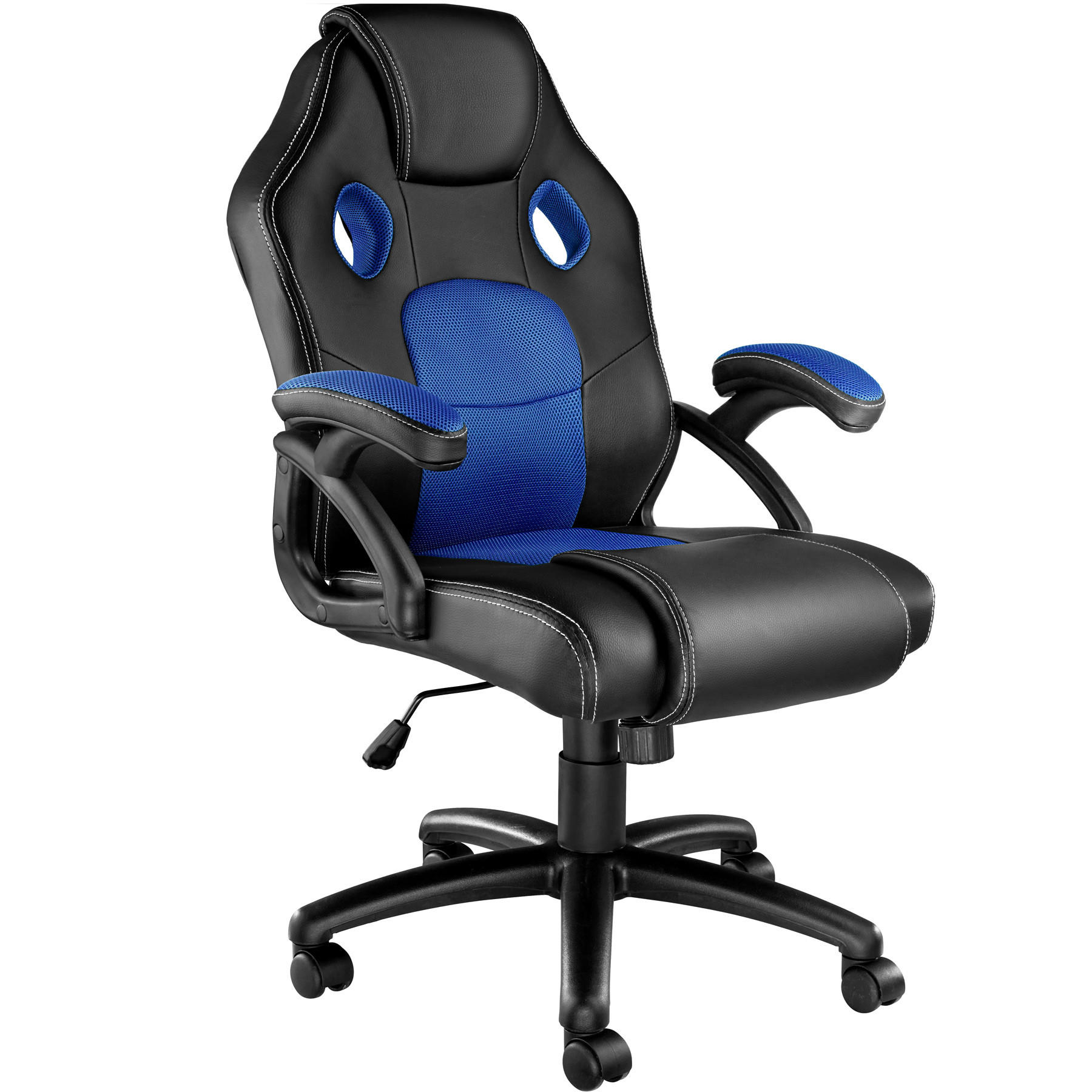 BÜROSTUHL Mike,stufenlos höhenverstellbar,schwarz/blau - Blau/Schwarz, Leder (68/114.5/69cm) - tectake