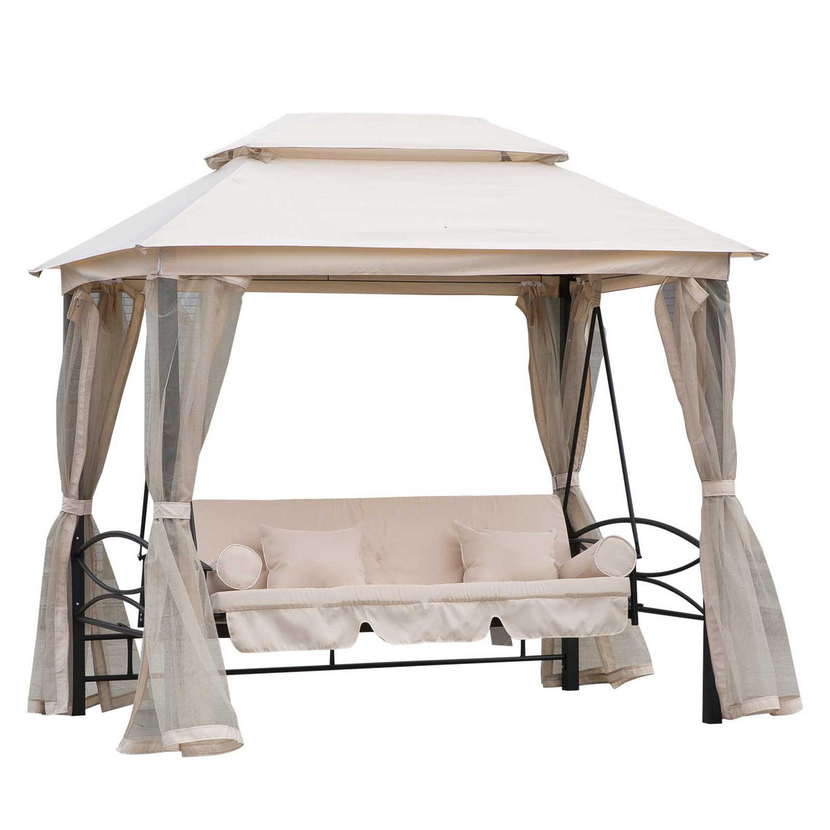 HOLLYWOODSCHAUKEL DE-06988 3-Sitzer, mit Seitenwänden & Moskitonetz, Liegefunktion Beige - Beige, Metall (256/248/172cm) - ComfortXL