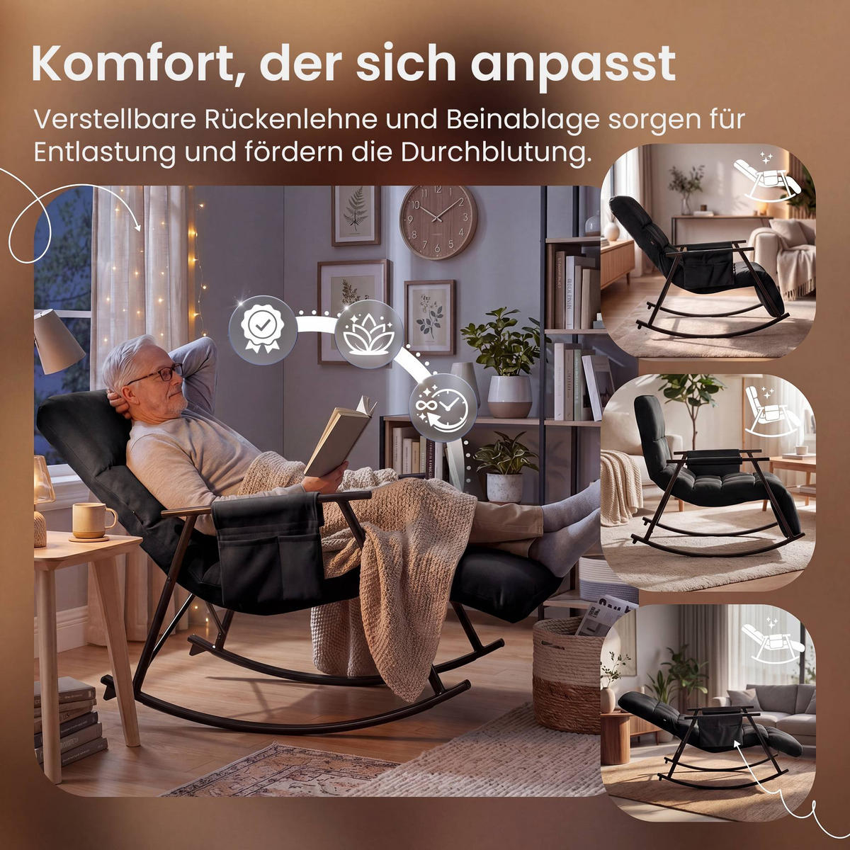SCHAUKELSTUHL Samt Schwarz - Schwarz, Textil/Metall (61/66/100cm) - CLP
