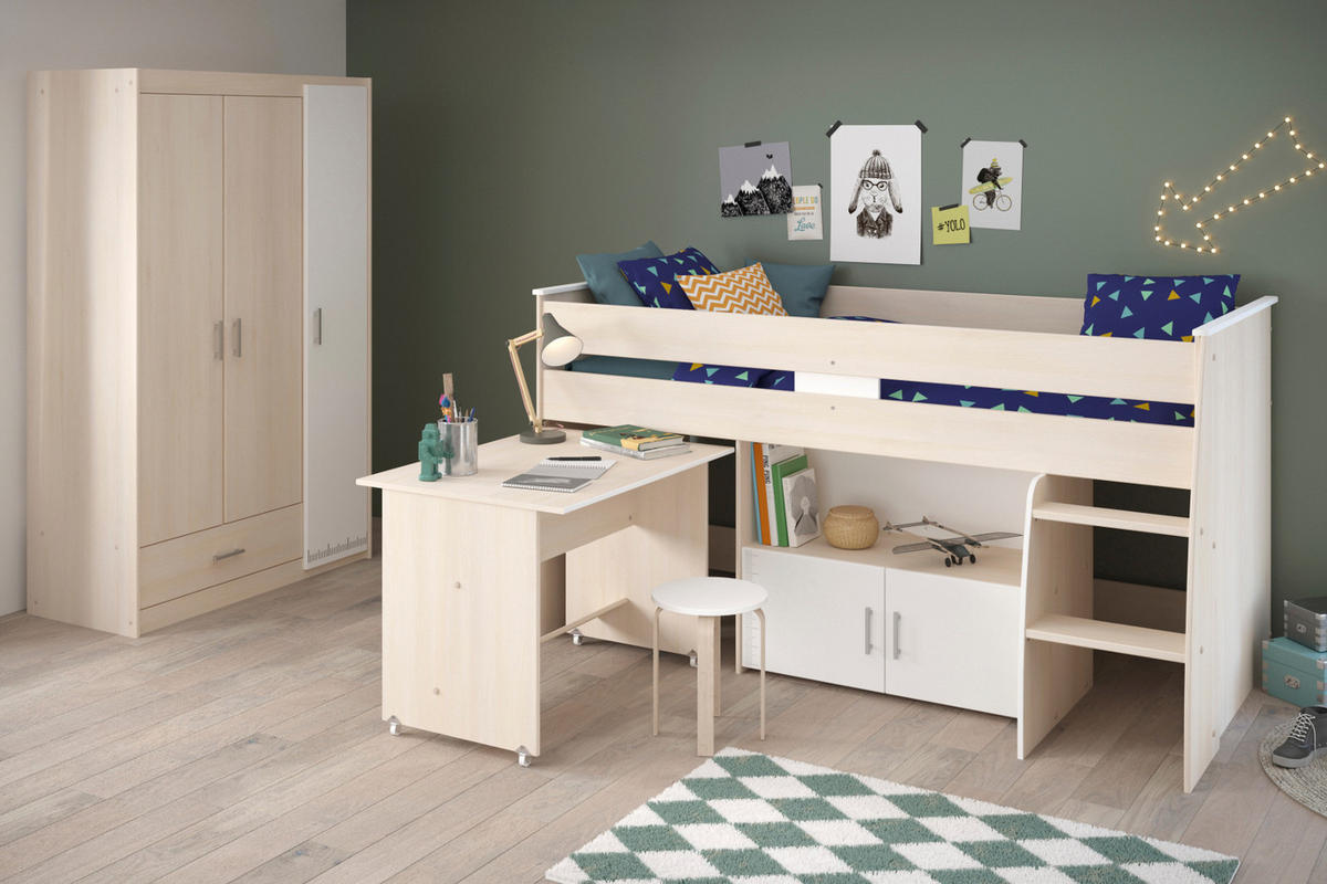 KINDERZIMMER Set Hochbett 90x200 cm mit Schreibtisch Kleiderschrank - Silberfarben/Weiß, Holzwerkstoff/Kunststoff (206/179/114cm) - Parisot Meuble