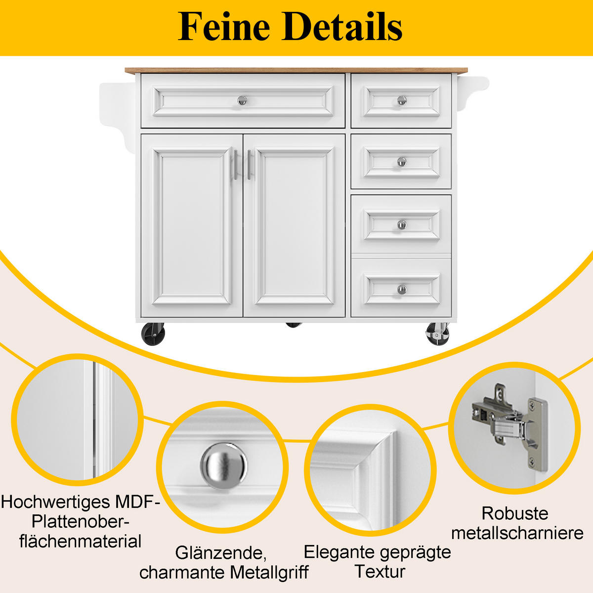 KÜCHENINSEL 110x75x92cm Weiß mit Klapptisch & Schubladen - Weiß, Holzwerkstoff (110/92/75cm) - Modfu