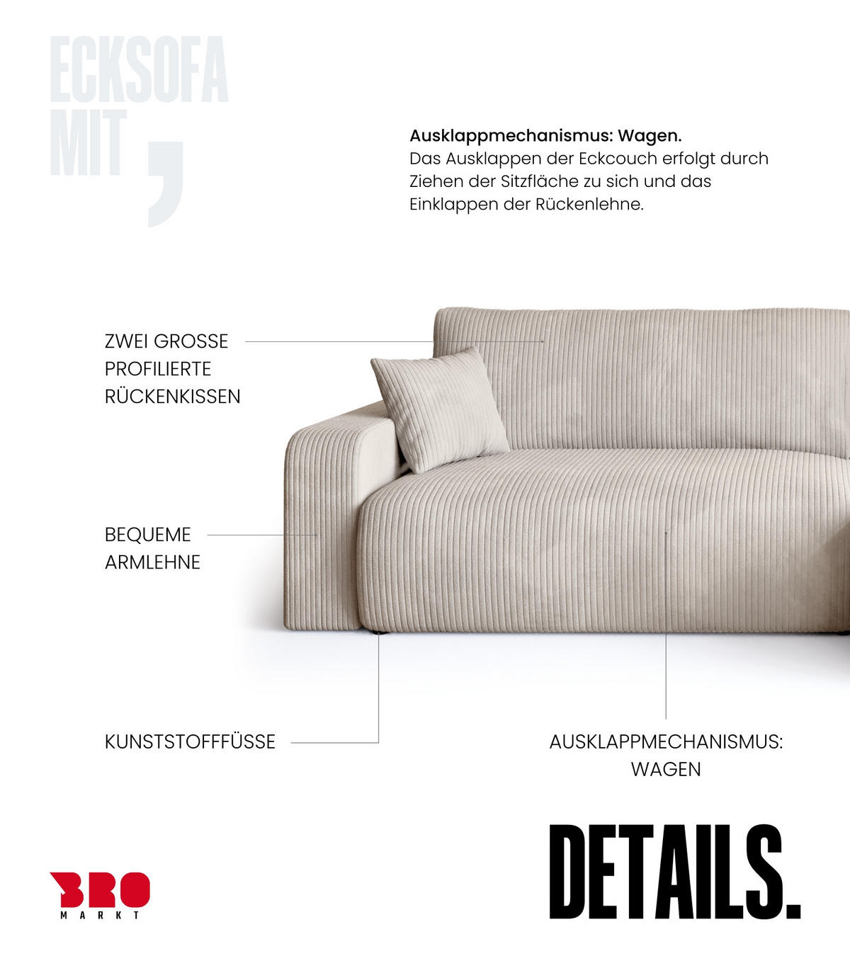 ECKSOFA Bisk mit Schlaffunktion Vanille Cordstoff - Creme, Textil (275/170cm) - Bromarkt