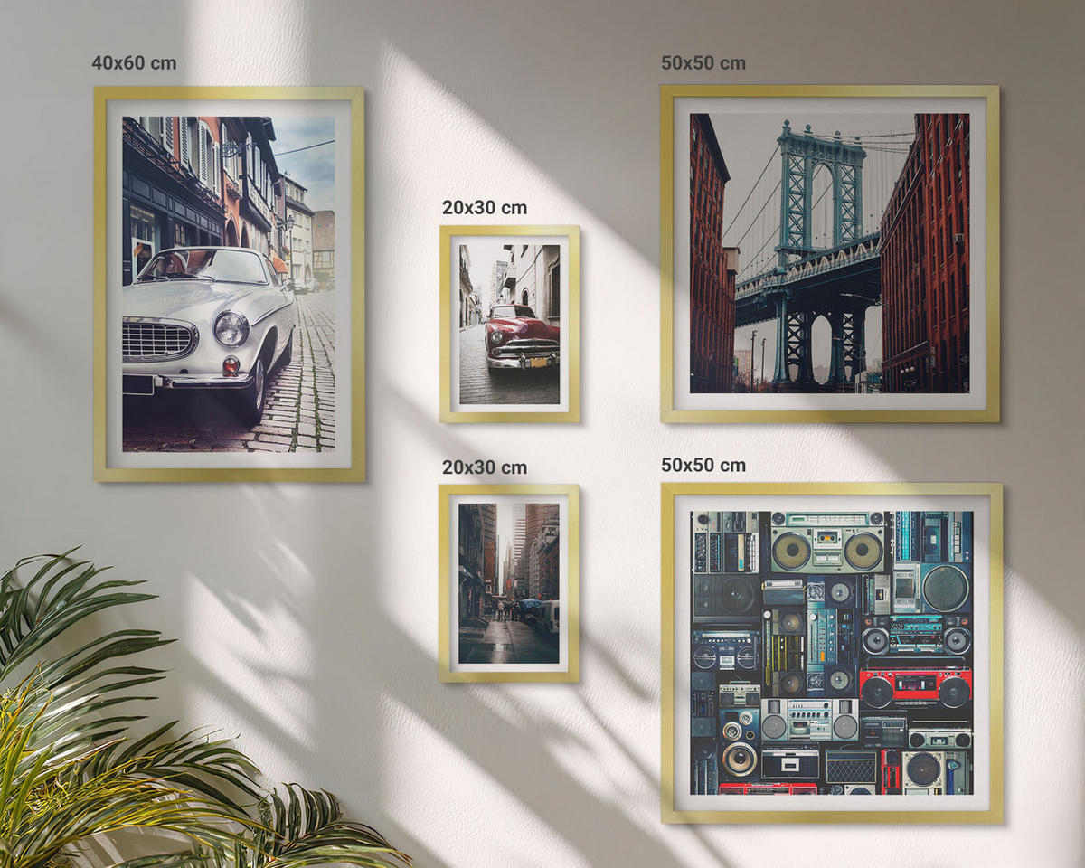 WANDBILDER 5er Set - 50x50 cm & 20x30 cm & 40x60 cm Goldrahmen - Old Cars Brooklyn Retro-Audio - Goldfarben, Kunststoff (40/60cm) - ArtPrintCave