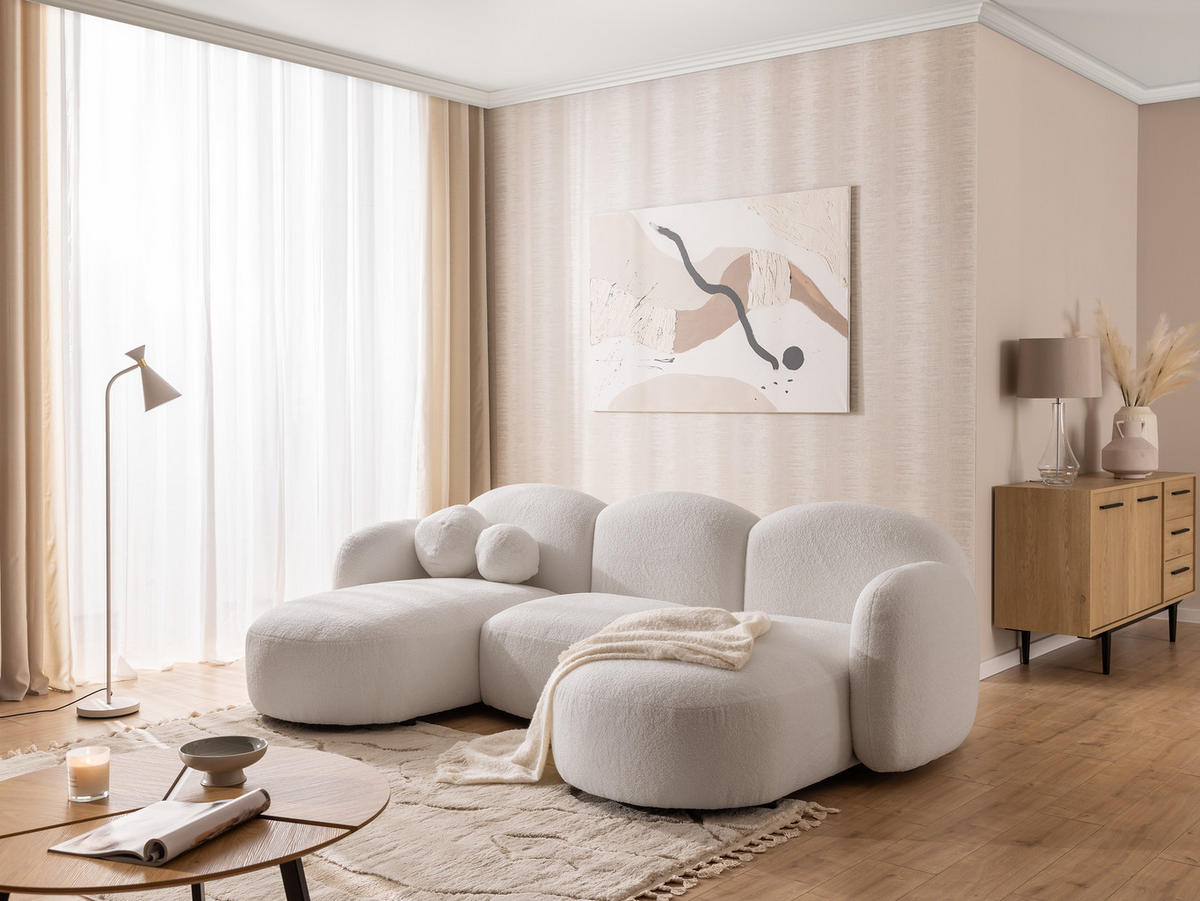 WOHNLANDSCHAFT Nuvola mit abgerundetem Design Weiß Bouclé-Stoff - Schwarz/Weiß, Holz/Kunststoff (268/80/146cm) - S-Style Möbel