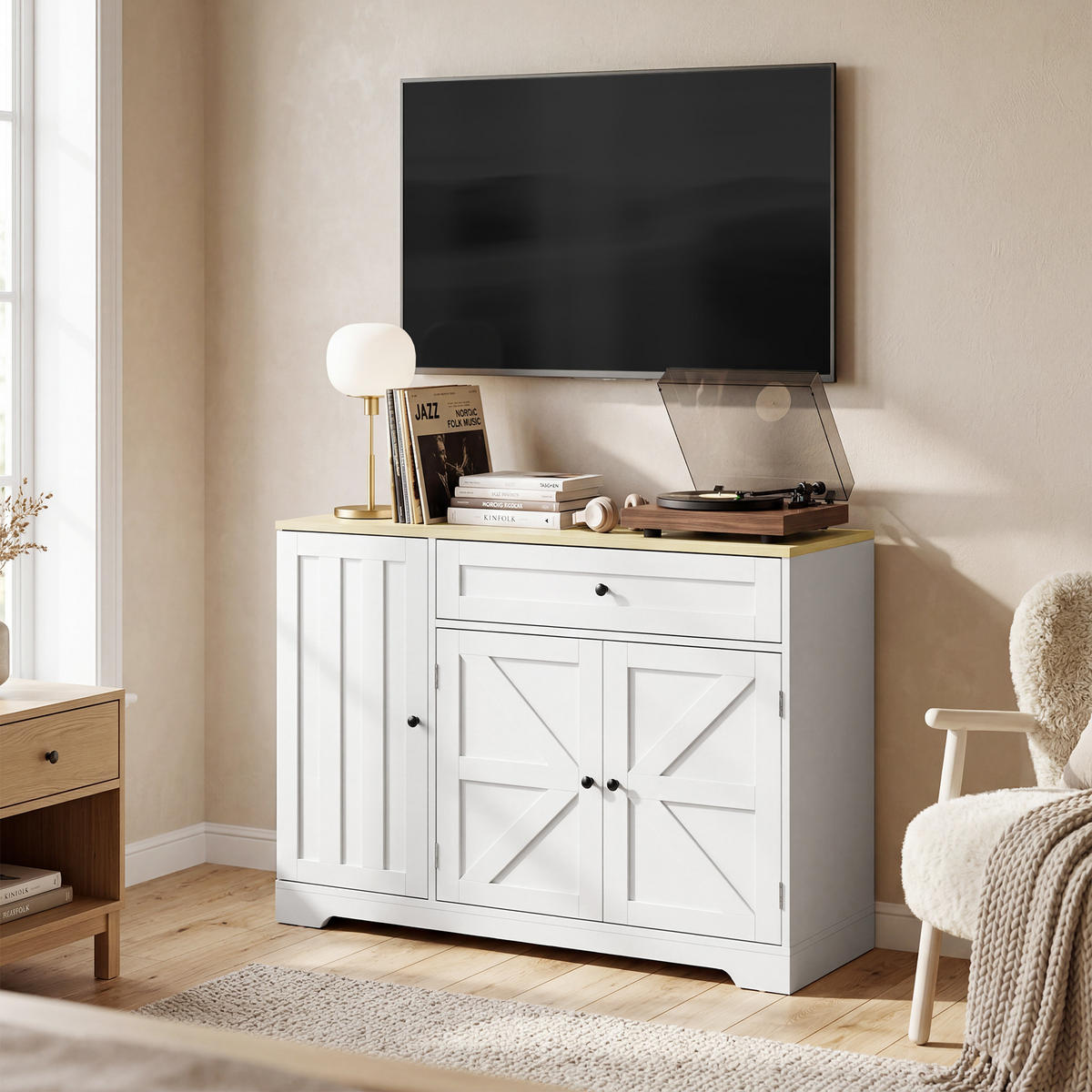 SIDEBOARD DE-08721 Weiß+Holz - Weiß, Holzwerkstoff (100/81/40cm) - ComfortXL
