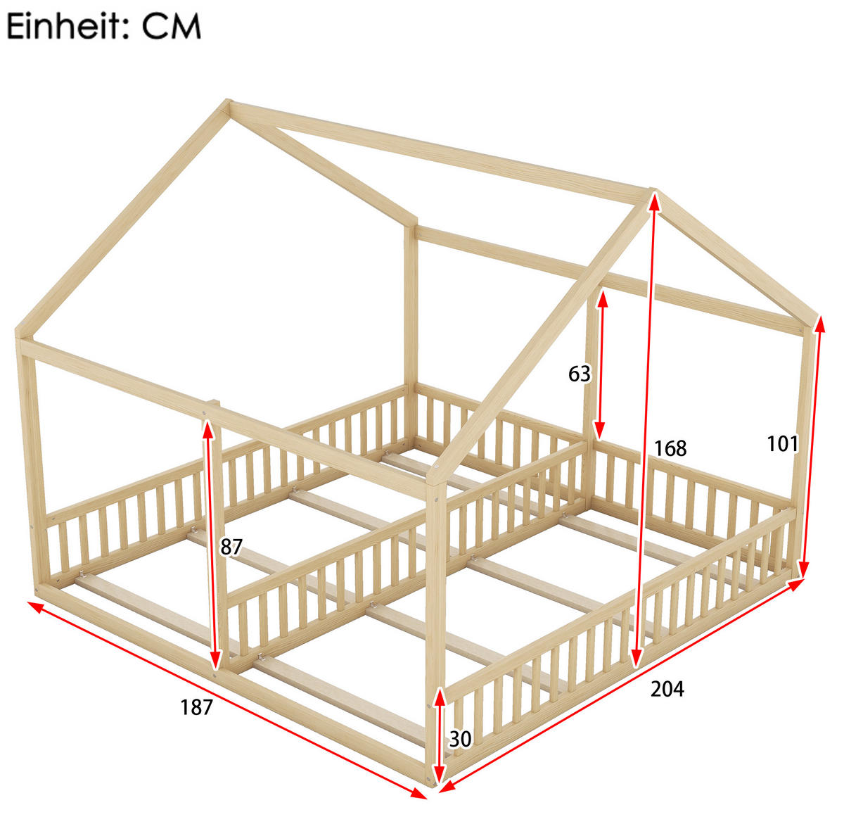 BETT 90/200 cm Natur aus Kiefernholz und MDF mit Mittelgeländer - Naturfarben, Holz (90/200cm) - OKMYHOME