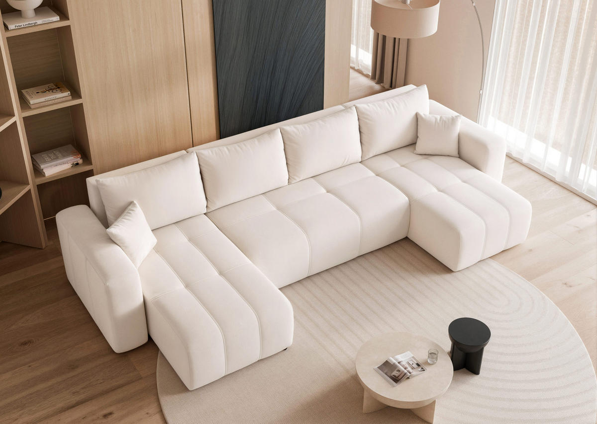 WOHNLANDSCHAFT PEDRO mit Schlaffunktion und Bettkasten Creme - Creme, Holzwerkstoff/Kunststoff (318/79/145cm) - Idohome