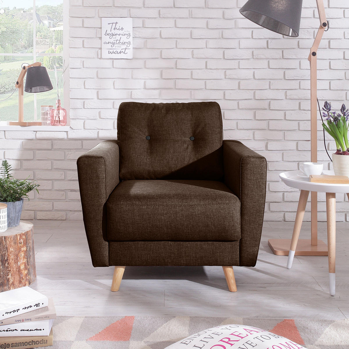 SESSEL - Webstoff - Hellbraun/Dunkelbraun, Holz/Textil (80/90/87cm) - home24