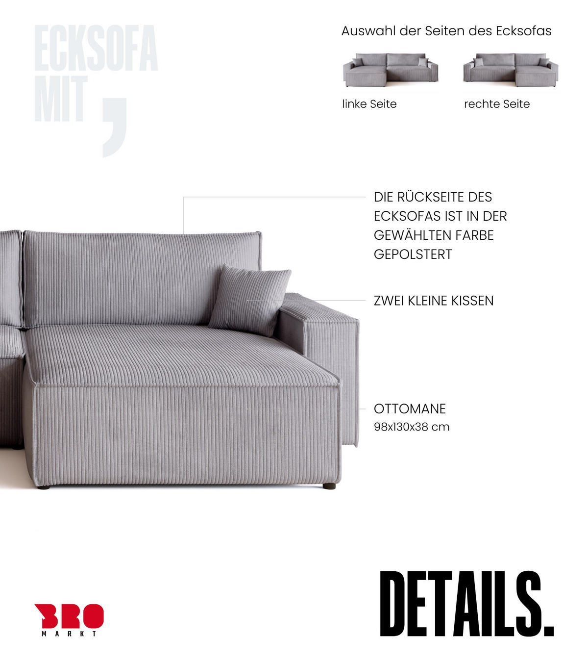 ECKSOFA ADI XL mit Schlaffunktion Hellgrau Cord - Hellgrau, Textil (272/143cm) - Bromarkt