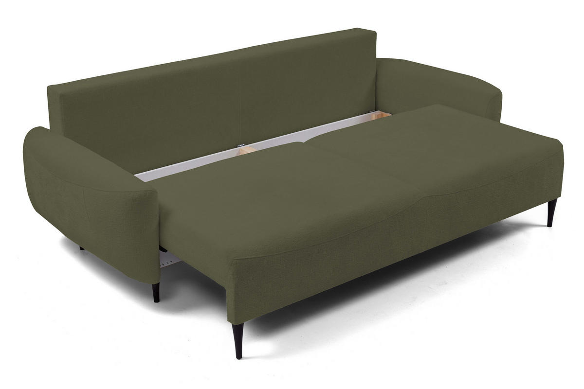 SOFA BOHO Mit Schlaffunktion Und Bettkasten, Wellenfederung, PUR-Schaum, Holzfüße, lose Rückenkissen, freistehend, 244x102x92 cm Olive green - Olivgrün, Holz/Textil (244/92/102cm) - DomoHome