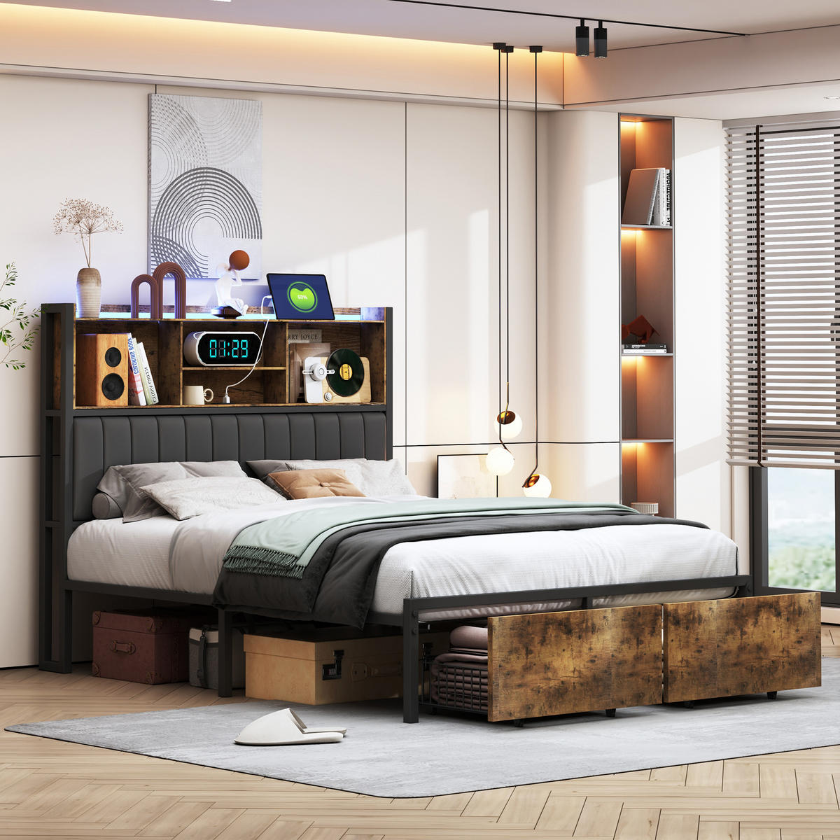 METALLBETT 160x200 cm mit LED, USB & Schubladen, Stauraumbett, Schwarz - Schwarz, Holz (160/200cm)