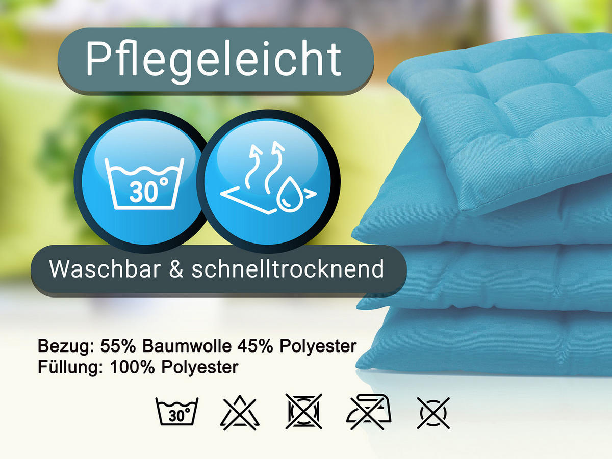 STUHLKISSEN, 4er-Set, 40x40 cm, 100% Polyester, Blau - Türkis, Textil (40/40/3cm) - Zollner