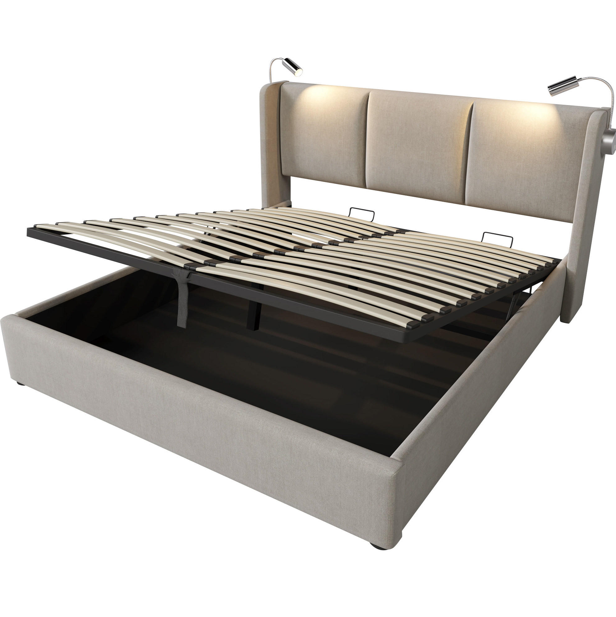 POLSTERBETT 140/200 cm mit Matratze, Leselampe, USB-Ladefunktion und Bettkasten, Leinen Beige - Beige, Textil (140/140cm) - Redom