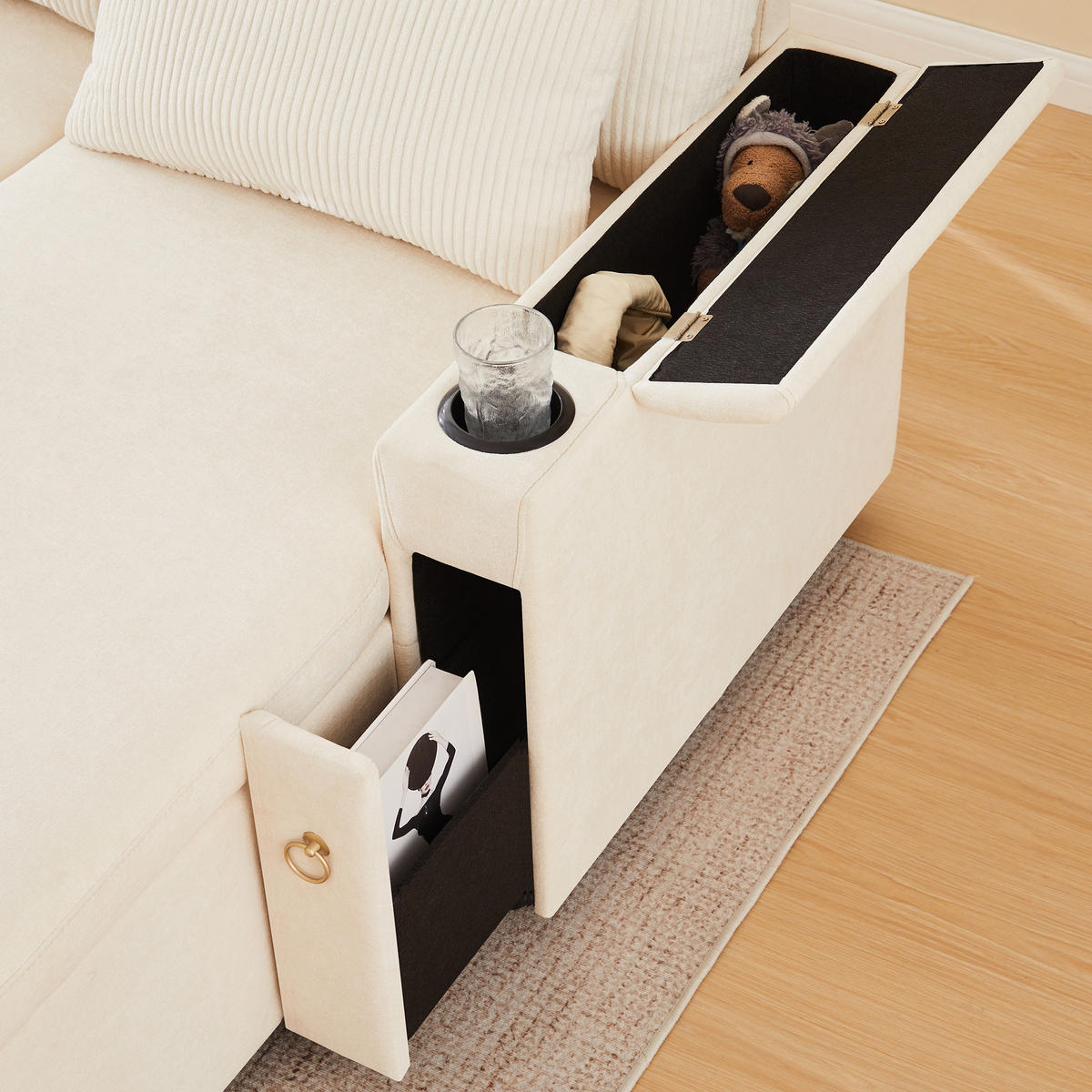 SCHLAFSOFA U-Form mit Getränkehalter und Stauraum, Beige - Beige, Textil (272/84/131cm)