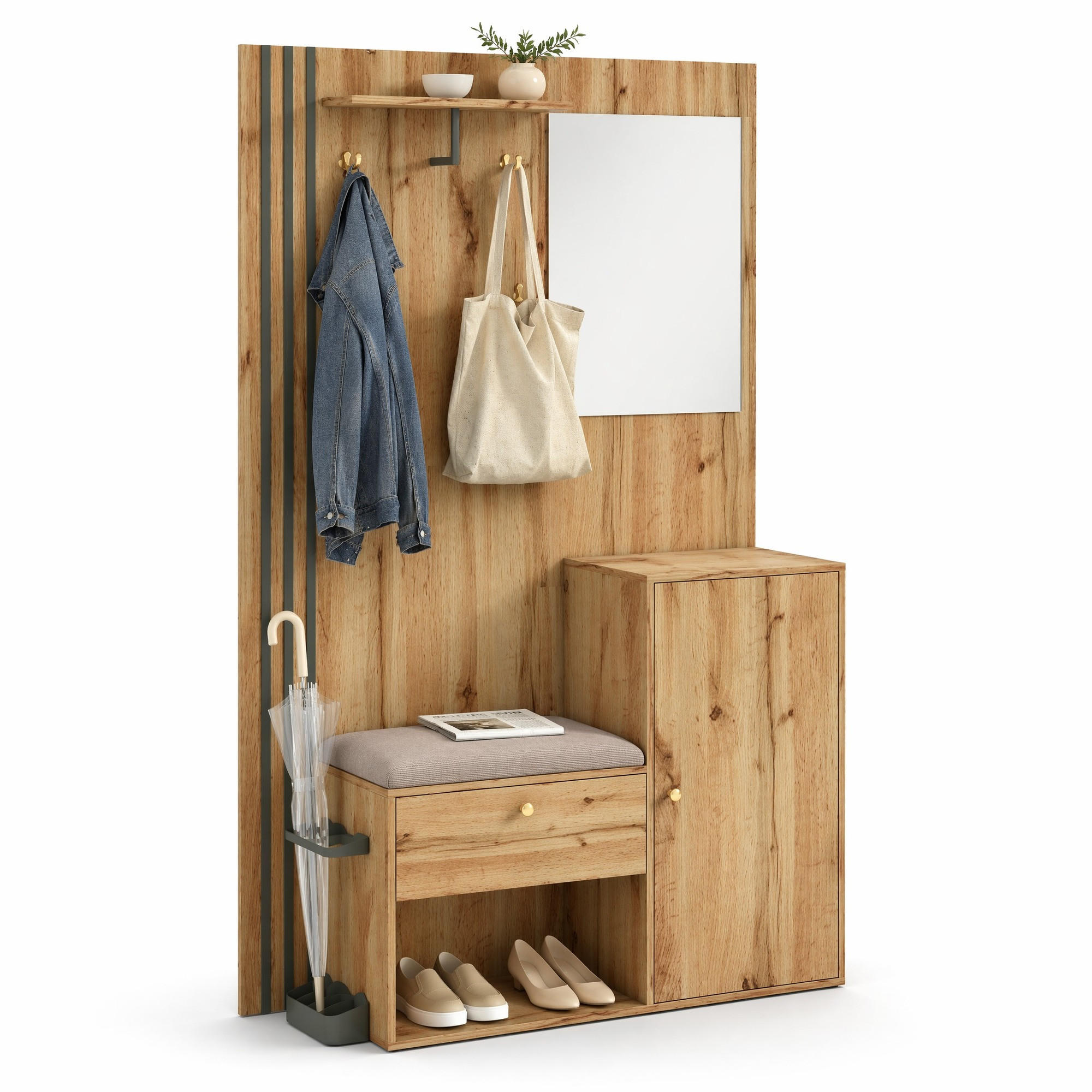 GARDEROBE-SET in Naturfarben Garderobenschrank mit Spiegel und Kissen für Eingangsbereich und Flur, B115/T37/H185 cm - Naturfarben, Glas/Holzwerkstoff (115/185/37cm) - STILVORA