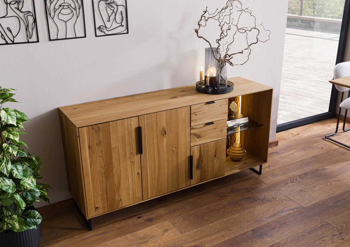 SIDEBOARD Wildeiche 160x43x79 natur geölt LINDAU #08 - Naturfarben, Holz (160/79/43cm) - Massivmoebel24