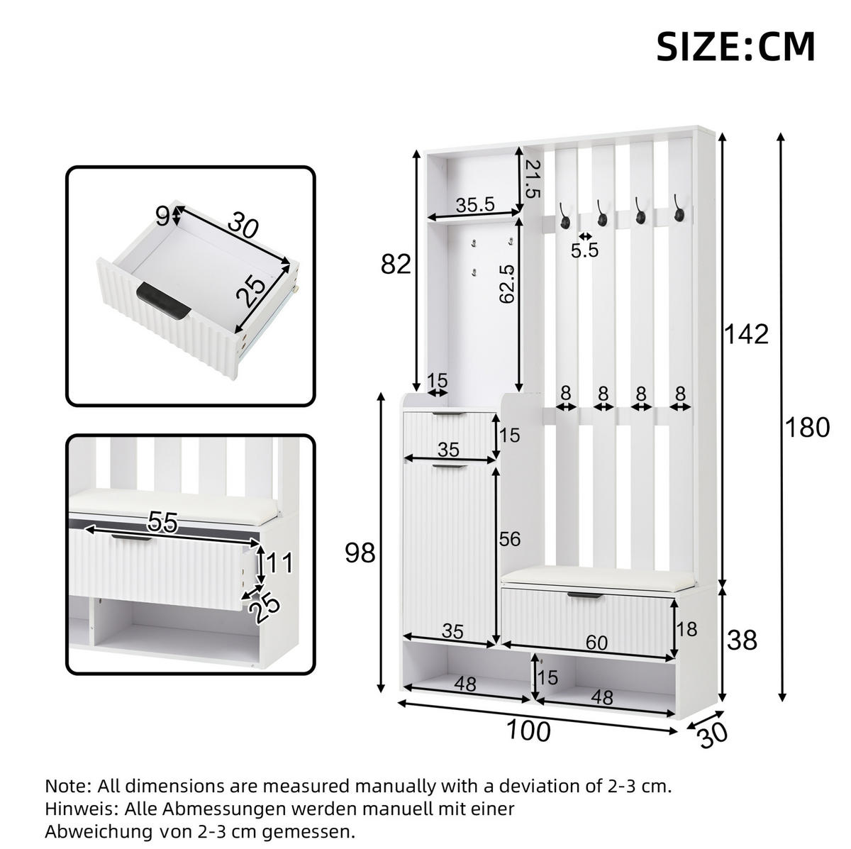 GARDEROBE 6-in-1 mit Sitzbank 100 x 30 x 180 cm Weiß - Weiß, Holzwerkstoff (30/180/100cm) - Beauniv