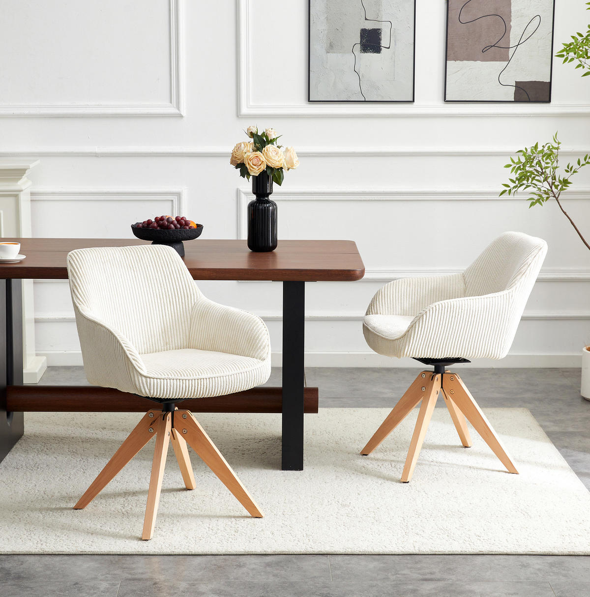 DREHSTUHL 2er-Set 360° drehbar Off White mit Massivholzbeinen - Weiß, Holz (44/84/56cm) - Meubliv