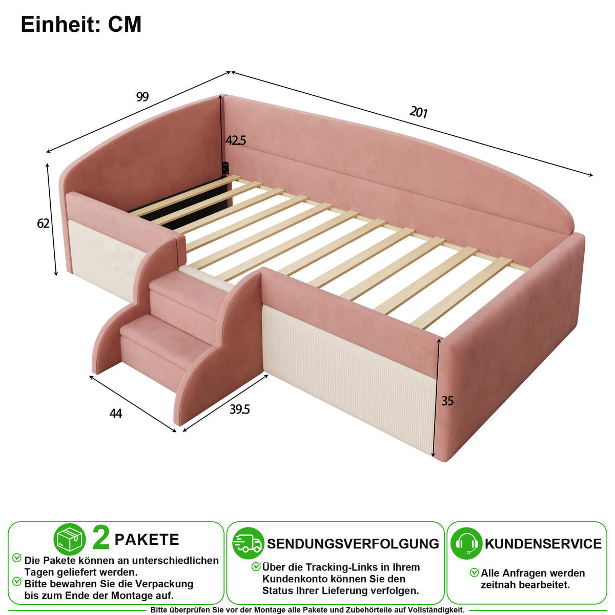 POLSTERBETT 90/190 cm in Rosa mit Stufen, Schutzbügel und Samt - Weiß/Rosa, Holzwerkstoff/Textil (90/190cm) - CHICFURN