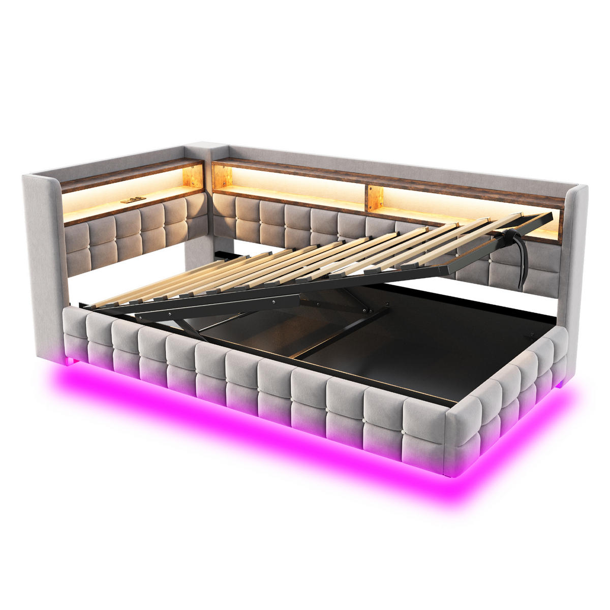 POLSTERBETT 90/200 cm Hellgrau aus Velours mit Stauraum mit LED-Beleuchtung - Hellgrau, Textil (90/200cm) - OKWISH