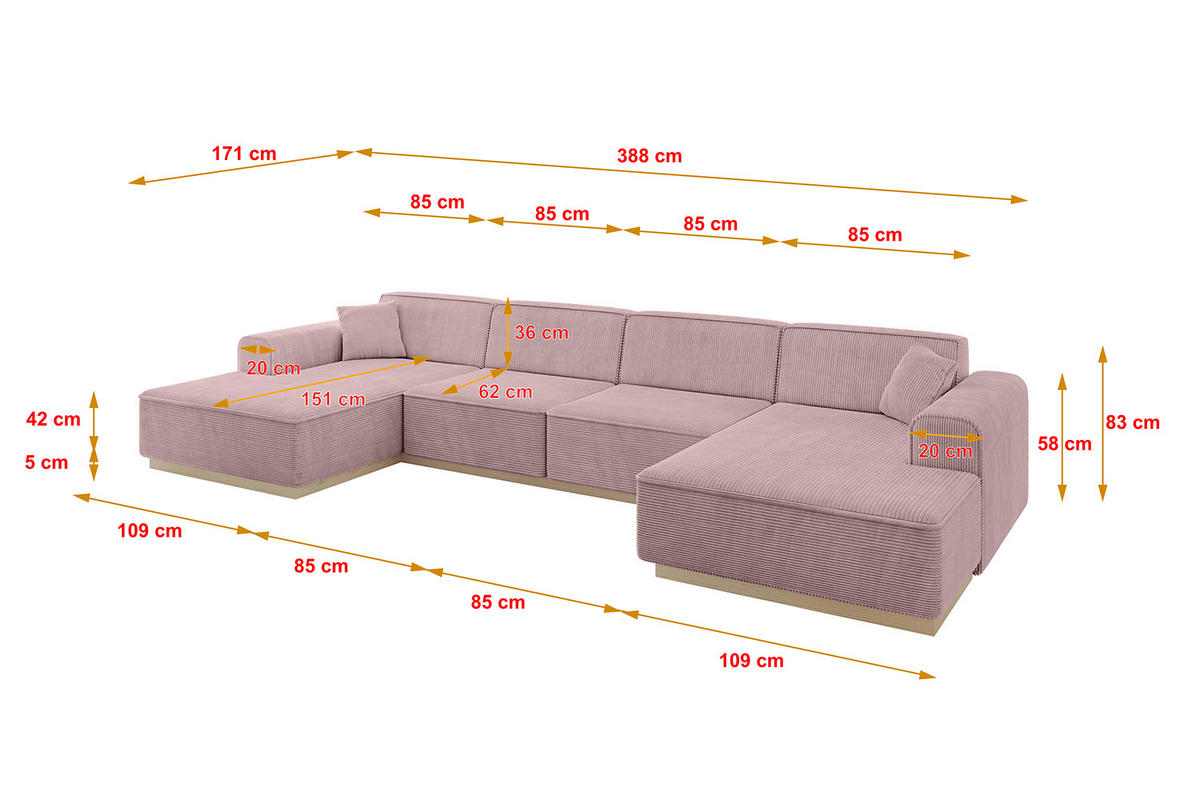 WOHNLANDSCHAFT IREA-U2 - 388x171x83 cm Rosa - Rosa, Holzwerkstoff/Textil (388/83/171cm) - ALTDECOR