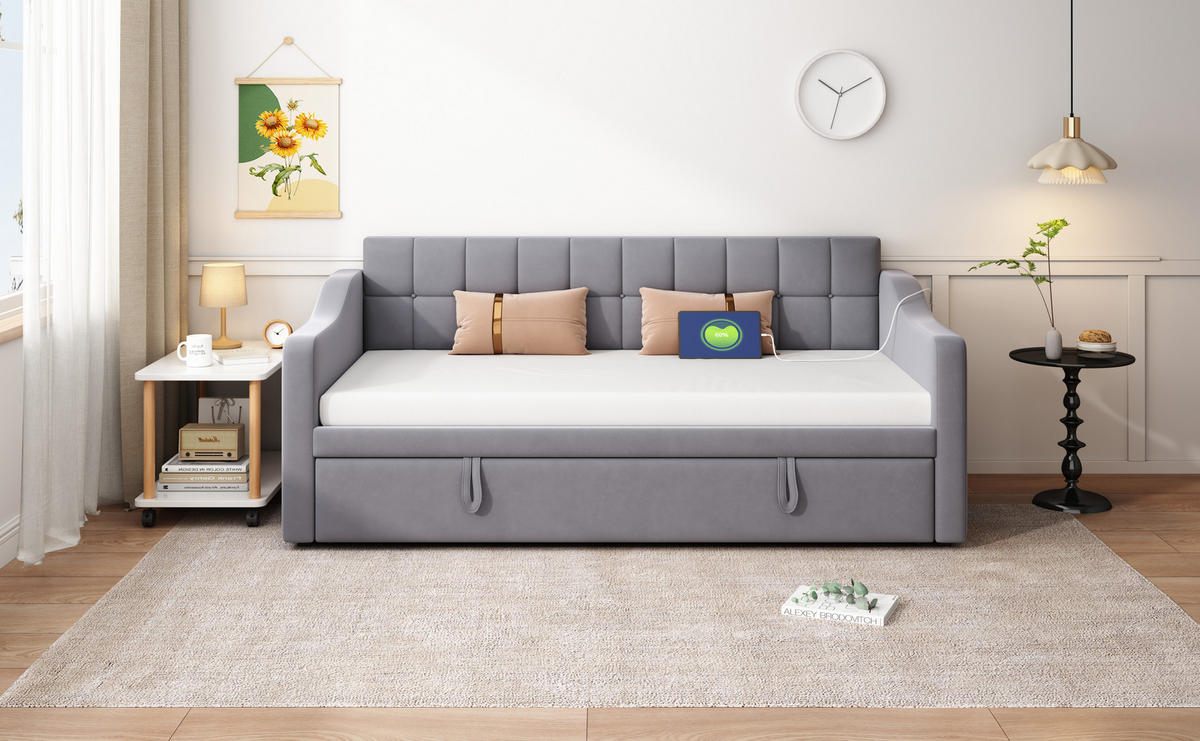 POLSTERBETT 90/180x200 cm Samt grau - Grau, Textil (180/200cm) - Fortuna Lai
