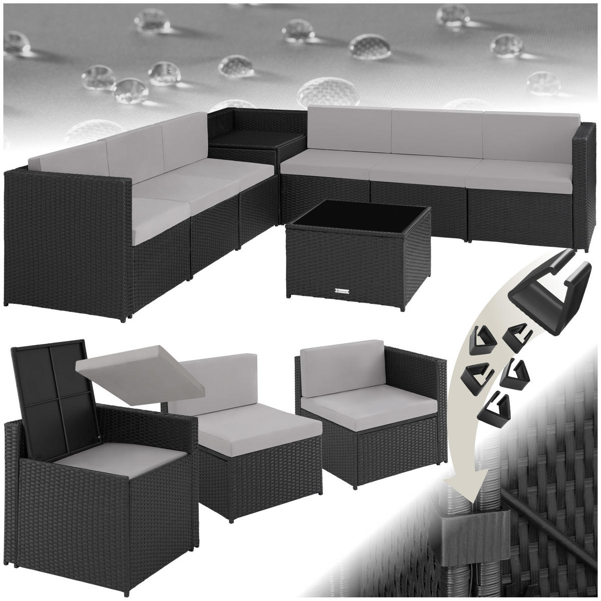 RATTANLOUNGE Verona,mit Sicherheitsglasplatte,schwarz - Schwarz, Kunststoff - tectake