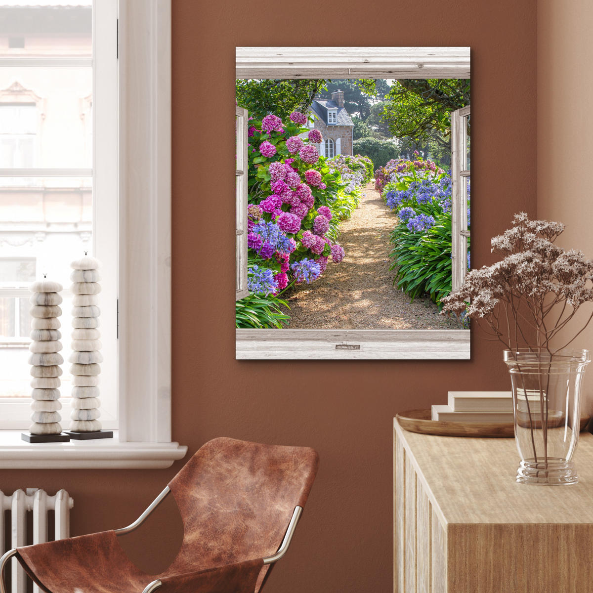 KOVOVÝ OBRAZ Hortenzie - Priehľadné - Kvety - Leto - Fialová - Cesta 60x80 cm - lila, kov (60/80cm) - MuchoWow