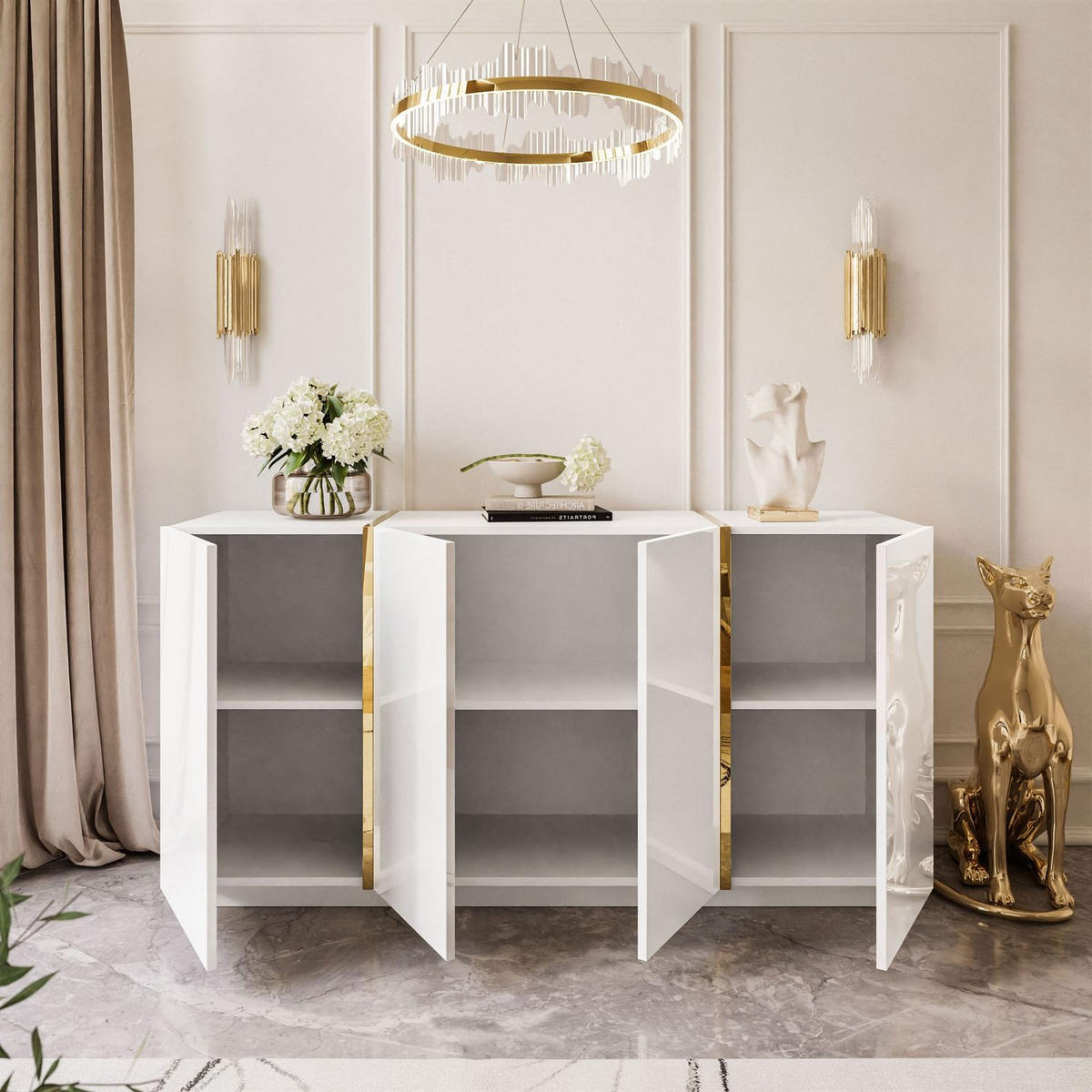 SIDEBOARD ONYX 4T 158 CM LUXURIÖSE KOMMODE MIT HOCHGLANZ FÜR DAS WOHNZIMMER PUSH OPEN - Goldfarben/Weiß, Holzwerkstoff (158/81/41cm) - Lookway