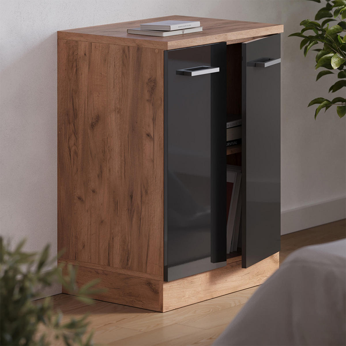 KUHINJSKA OMARA ZA POŠEVNE STREHE R-Line, Antracit z visokim sijajem, 60 cm brez naklona z 2 vrati - črna/medeni hrast, leseni material (60/83.8/46cm) - Vicco