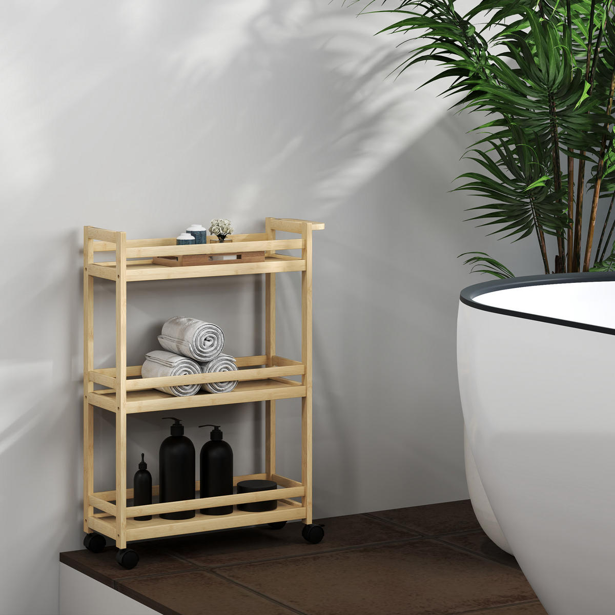 BADEZIMMERREGAL DE-17322 3-stufig mit Rollen & Handgriff Natur - Naturfarben, Naturmaterialien (20/75/55cm) - ComfortXL