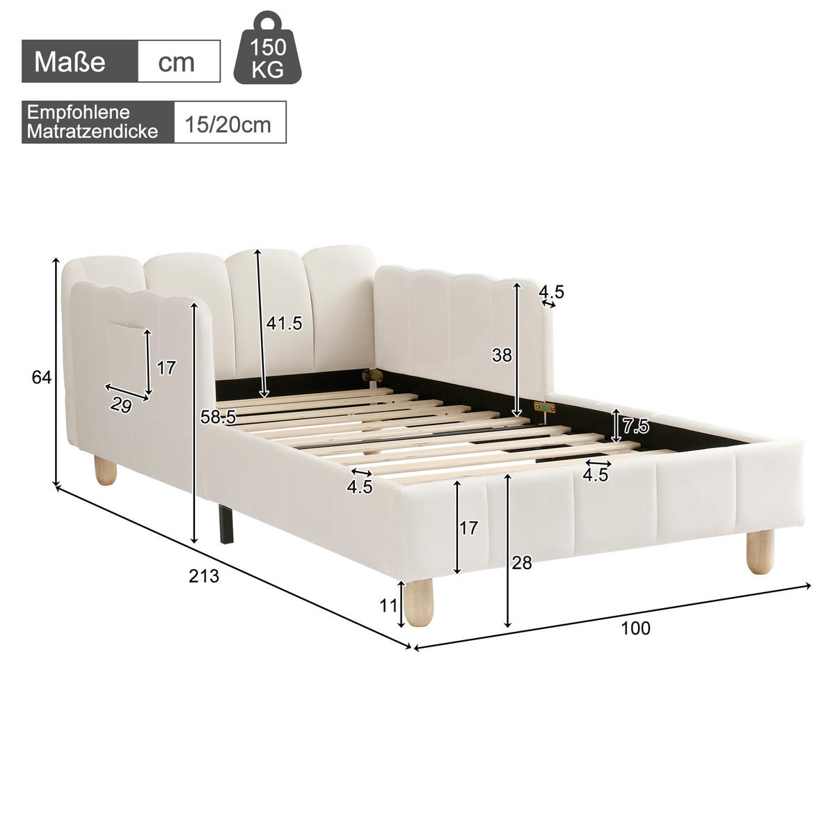 KINDERBETT 90/200 cm in Beige Samt mit Seitenschutz und Taschen - Beige, Holzwerkstoff/Textil (90/200cm) - WISHDOR