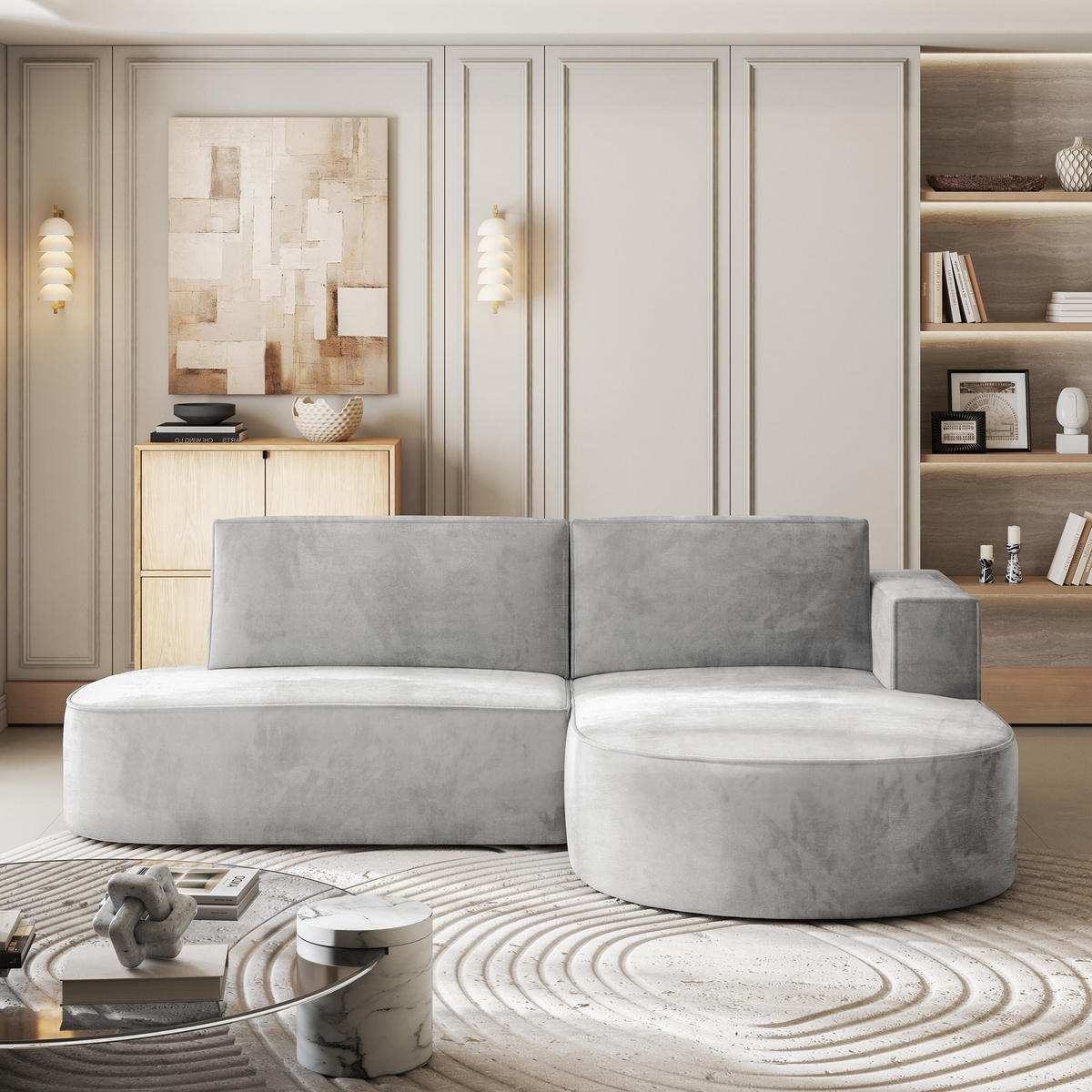 ROHOVÁ SEDAČKA CORTIO světle šedá - šedá/světle šedá, dřevo/textil (265/174cm) - MASSENO