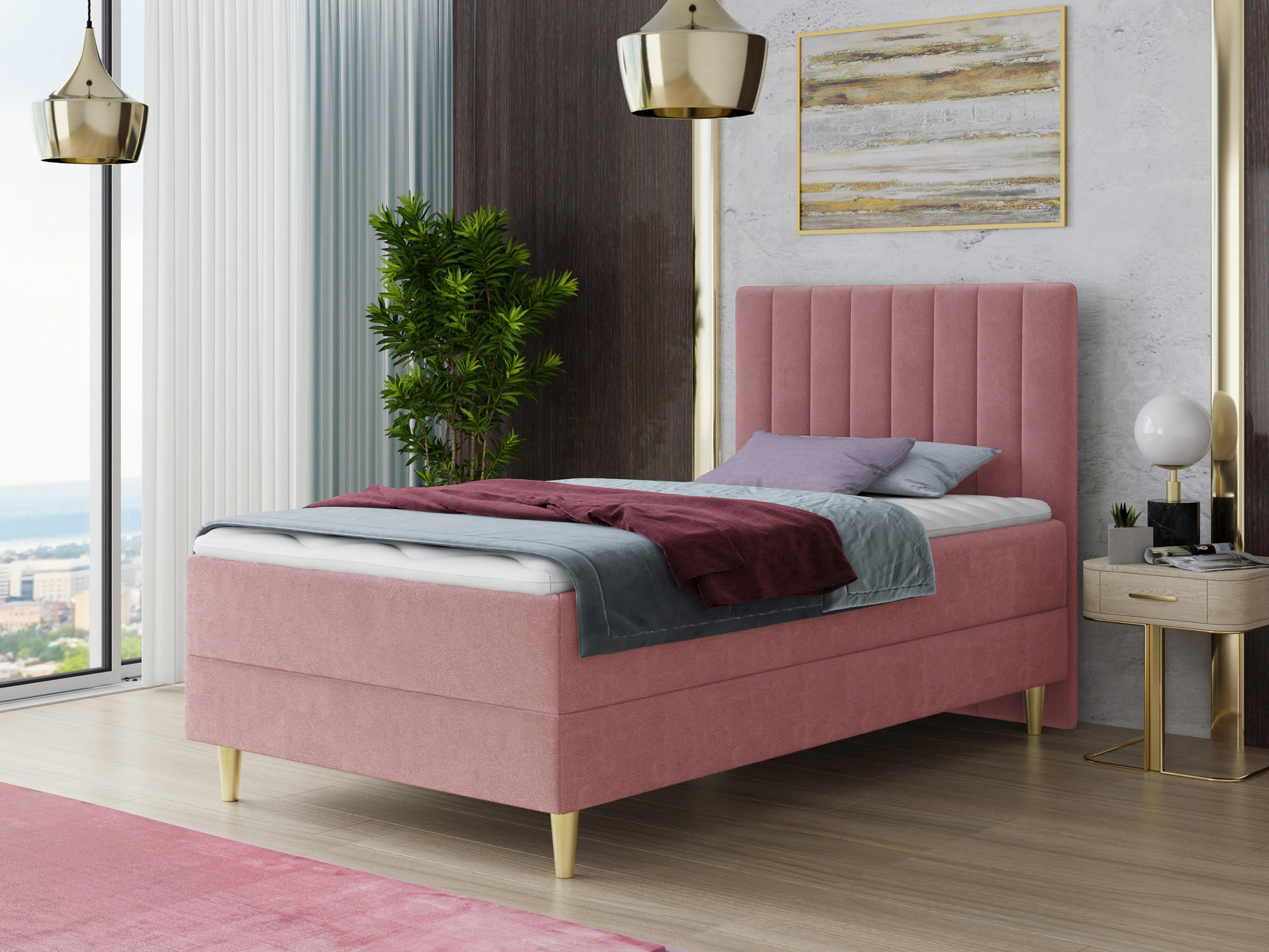 BOXBETT Gold Mini - 100x200 - Pink (Manila 09, Velvet) - Pink/Gelb, Holz/Holzwerkstoff (100/200cm) - Sofnet