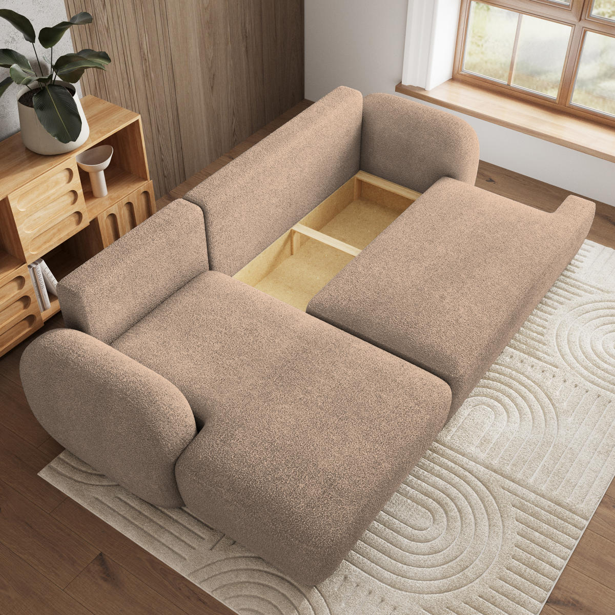 ECKSOFA MODENZA N L-S Beige Boucle-Stoff mit Schlaffunktion - Beige, Holz (266/148cm) - MASSENO