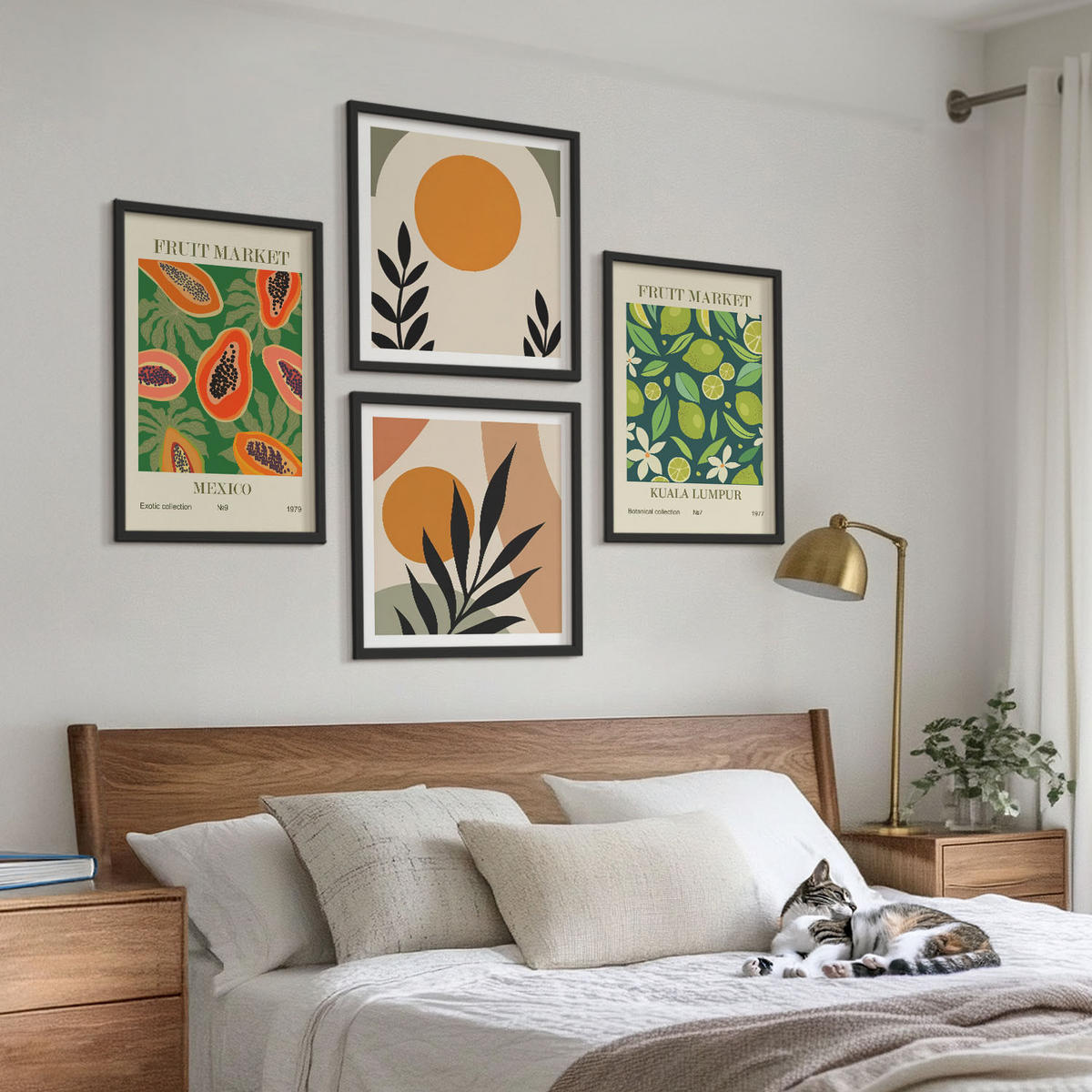 WANDBILDER 4er-Set - 50x50 cm & 40x60 cm Schwarzer Rahmen - Boho-Papaya-Fruchtmuster - Schwarz, Kunststoff (50/50cm) - ArtPrintCave