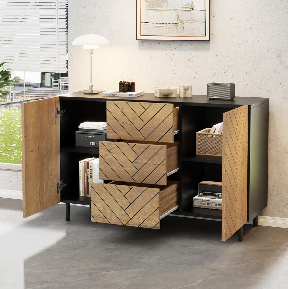 SIDEBOARD 120/40/76 cm Natur/Schwarz aus Spanplatte mit Stauraum - Naturfarben, Holzwerkstoff (120/76/40cm) - OKWISH