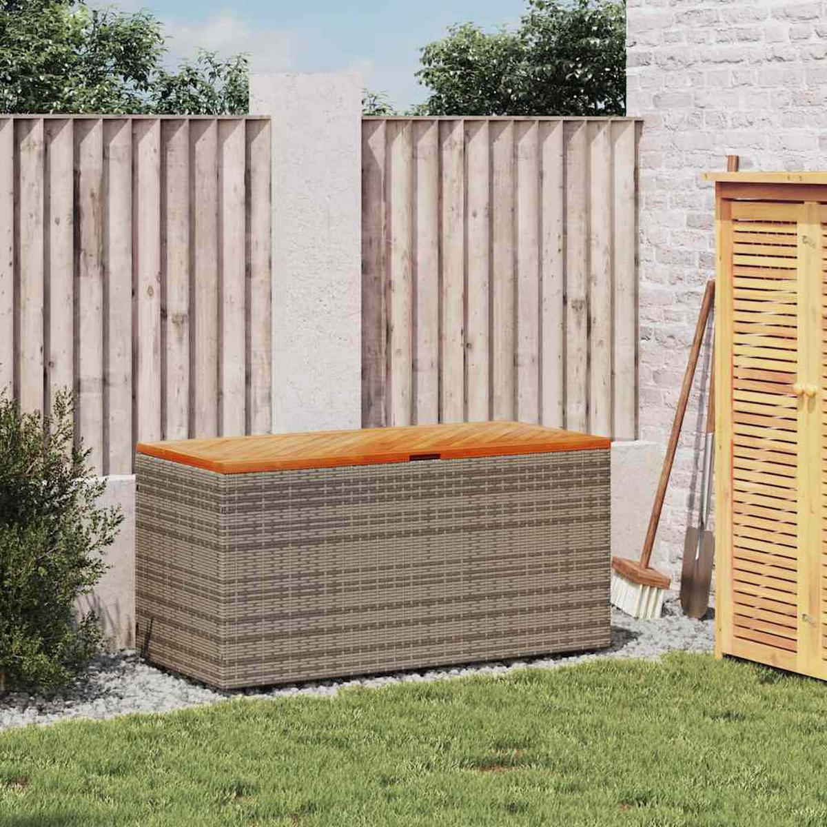 GARTENTRUHE Grau 110/50/54 Cm Poly Rattan Akazienholz - Grau, Kunststoff (50/54/110cm) - vidaXL
