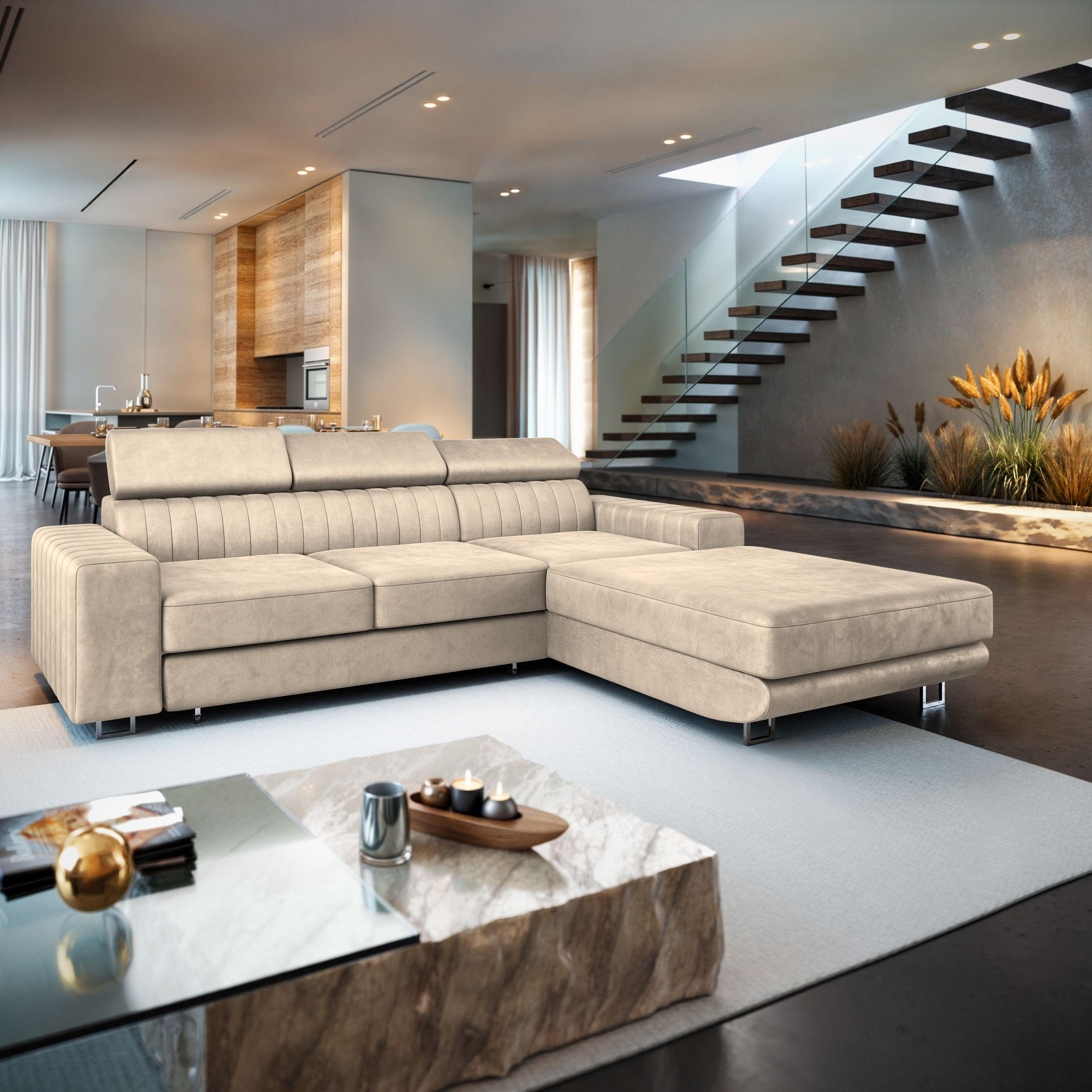 ECKSOFA NOTO R-S Creme Velours-Stoff mit Schlaffunktion - Creme, Holz (267/190cm) - MASSENO