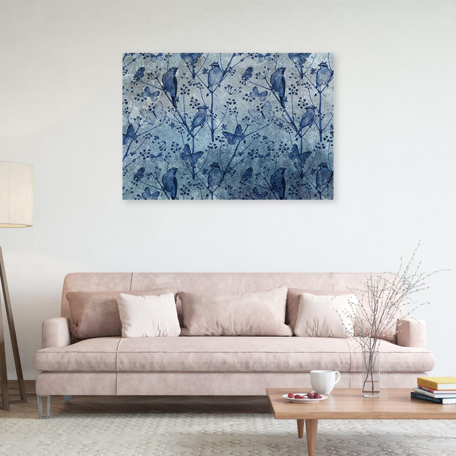 WANDBILD abstrakt vögel auf zweigen - Blau, Textil (60/40cm) - Feeby