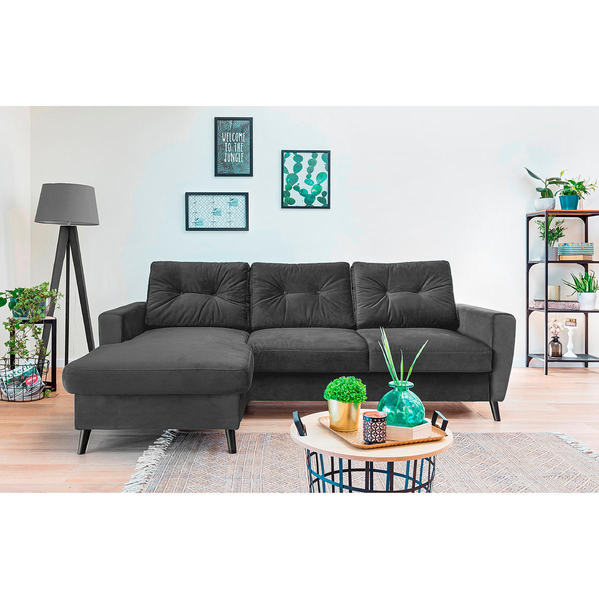 ECKSOFA mit Longchair - Dunkelgrau/Schwarz, Buchenholz/Textil (233/148cm) - home24