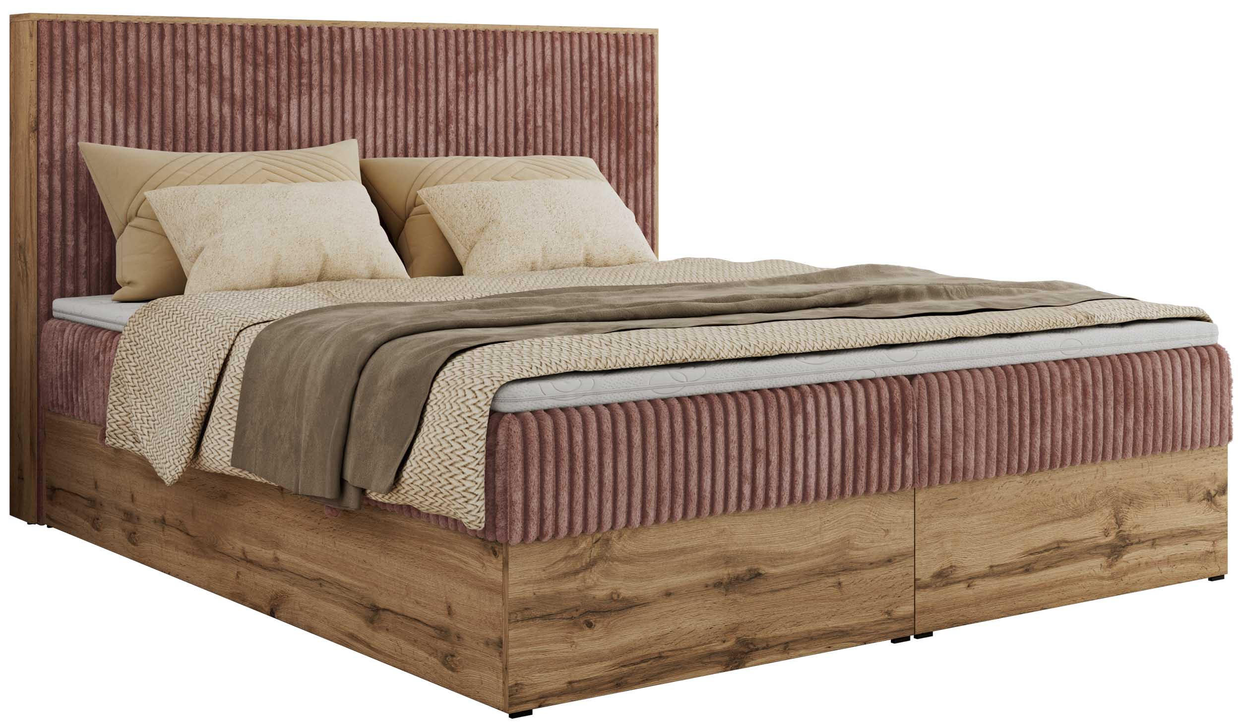 MKS KONTINENTÁLNÍ POSTEL WOOD CLASSIC 160/200 - Světle růžová Manšestr - H3