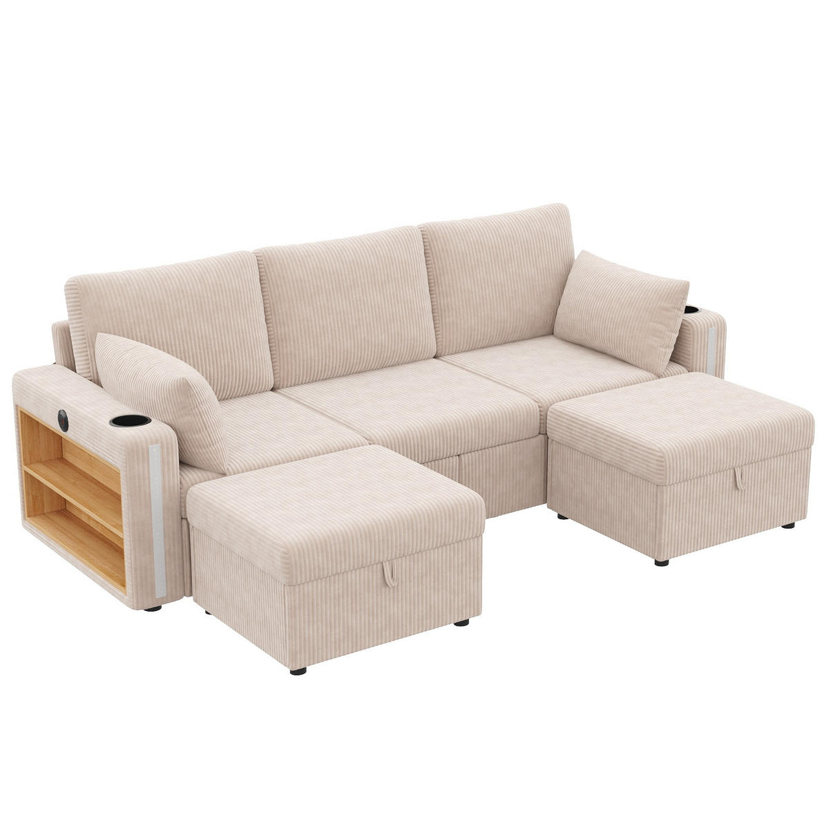 SOFA modulares U-/L-Form 190 x 130 x 85 cm Cord Beige 2 Hocker - Beige, Holz (130/85/190cm) - Meubliv