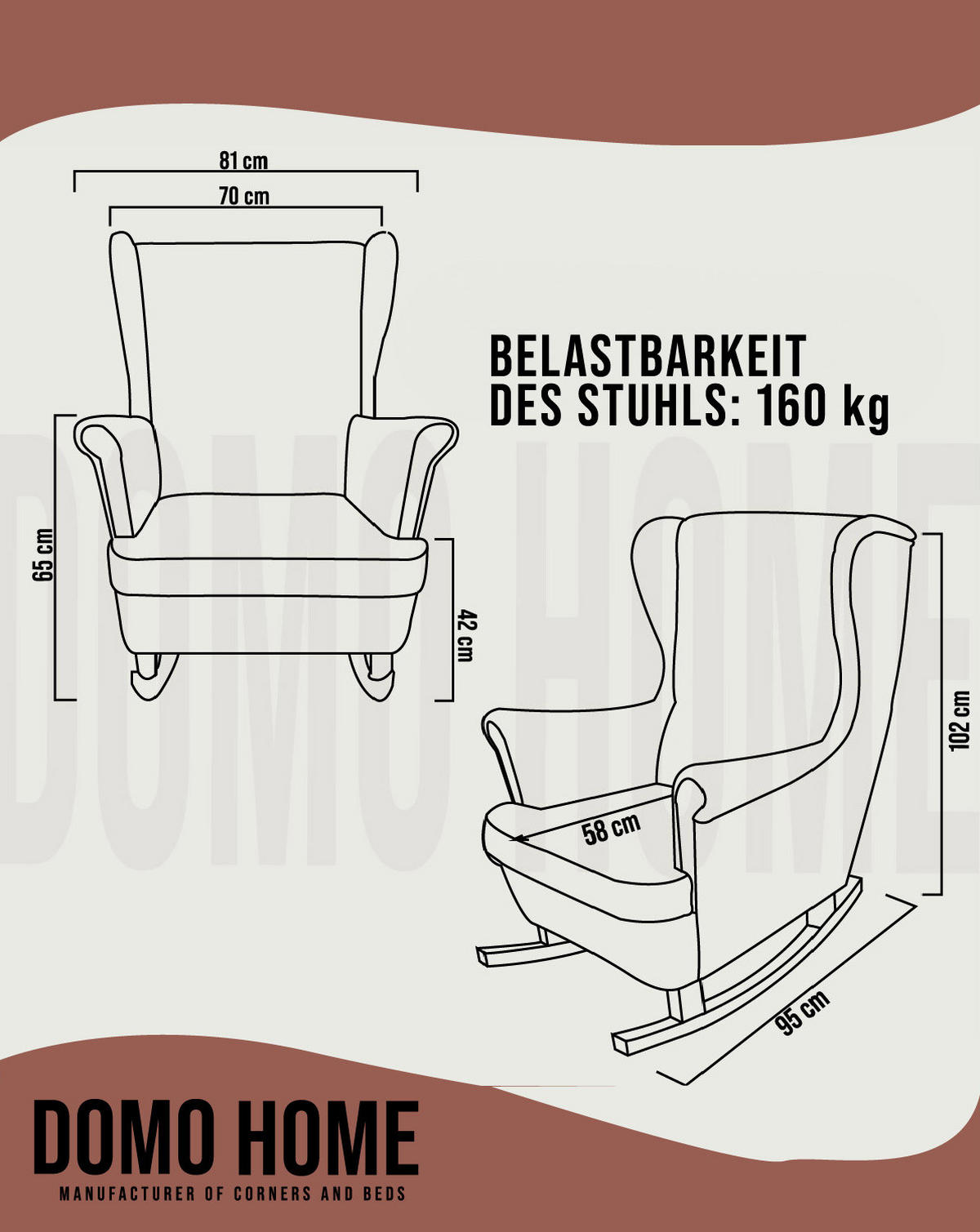 SCHAUKELSESSEL mit gepolstertem Sitz und Armlehnen, 102x81x95 cm, Burgunderrot_29833 - Kirschbaumfarben/Schwarz, Holz/Textil (81/102/95cm) - DomoHome