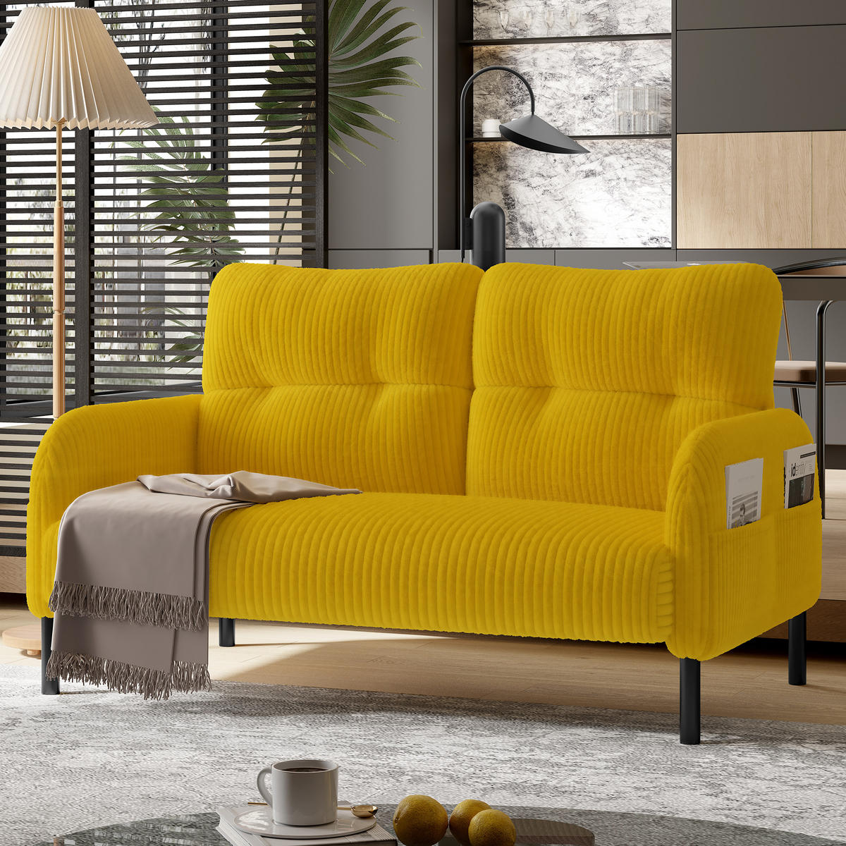 2-SITZER-SOFA Stoffcouch mit Seitentaschen,Cord,Gelb - Gelb, Textil (120/79/75cm) - LVHOM