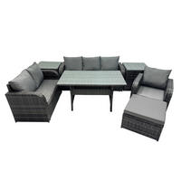 GARTENTISCHGRUPPE mit Liegestuhl,Hocker,Beistelltischen Polyrattan 7-Sitzer - Dunkelgrau/Grau, Glas/Kunststoff - Fimous