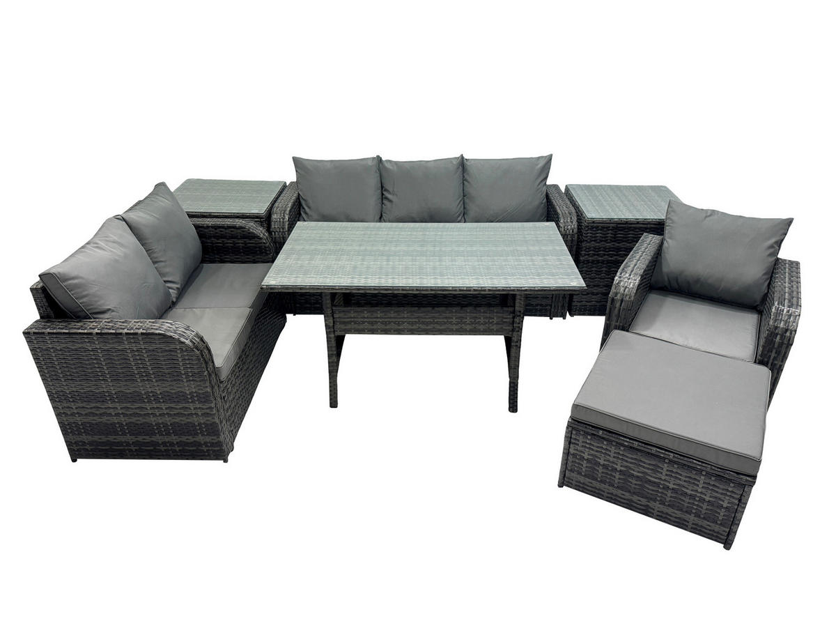 GARTENTISCHGRUPPE mit Liegestuhl,Hocker,Beistelltischen Polyrattan 7-Sitzer - Dunkelgrau/Grau, Glas/Kunststoff - Fimous