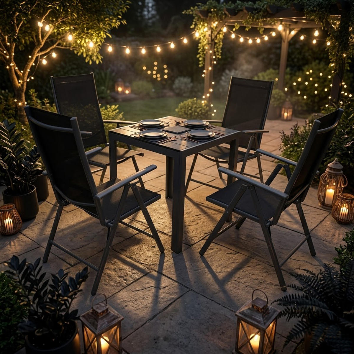 GARTEN-GARNITUR Ashford - 5-teilige Garten-Essgruppe (4x Klappsessel mit Armlehnen, 1x Tisch 70x70cm), Gestelle aus Aluminium grau - Schwarz, Metall - TPFGarden