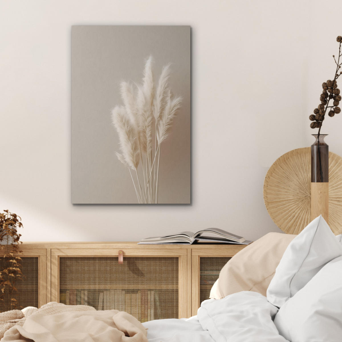 AKUSTIKBILD Pampasgras - Federn - Pastell - Weiß Kunstdruck Schlafzimmer 50x70 cm - Naturfarben, Kunststoff (50/70/0.9cm) - MuchoWow